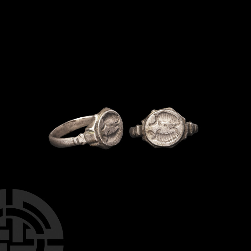 Medieval Silver Ring with Boars. 15th century A.D. A silver ring composed of a D...