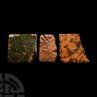 British Medieval 'Thames' Glazed Heraldic Floor Tile Group. 12th-14th century A.D. A mixed group of three glazed floor tile fragments comprising: one ...