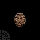 Medieval Vesica Seal Matrix for Matilda. 13th-early 14th century A.D. A lead vesica seal matrix bearing a fleur-de-lys within a pointed oval border an...