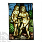 French Stained Glass Panel of Adam and Eve. 16th century A.D. and later. A rectangular stained glass panel in a lead-alloy frame with a painted scene ...