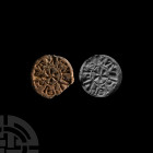 Medieval Seal Matrix for 'Matthew Le Fvll' a Professional Jester. 13th century A.D. A lead seal matrix with circular die, moulded scallop shell detail...