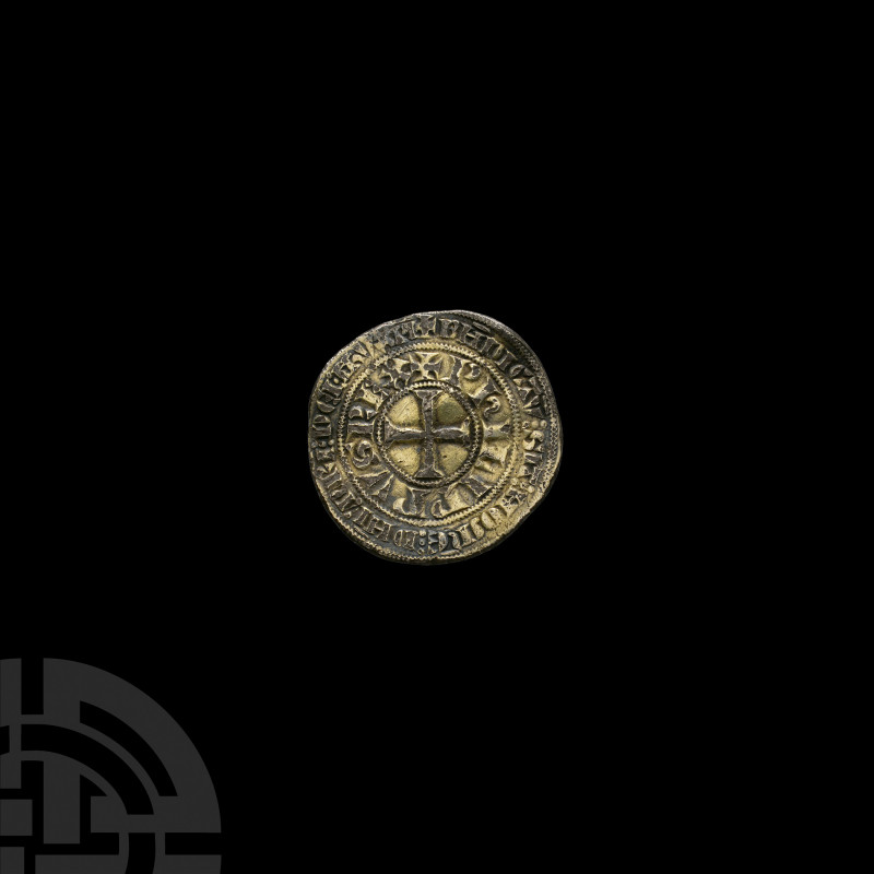 French Medieval Gilt Pilgrim's Gros Tournois Coin Badge. 14th century A.D. A gil...