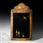 Chinese Painted Mirror. 19th century A.D. A rectangular Chinoiserie wooden frame with ornate pediment, moulded and painted geometric and floral motifs...