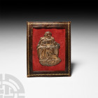 Tudor Gilt Plaque of Saint with Child. 16th-17th century A.D. A bronze gilt plaque of a Saint (Joseph?) or Abbot seated upon a cloud and holding a chi...