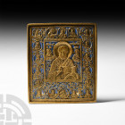 Enamelled Icon with Saint Nicholas. 18th-19th century A.D. A rectangular icon with deep border, central nimbate Saint Nicholas holding left hand in be...