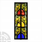 Northern France Gothic Stained Glass Border Panel. 19th century A.D. or earlier. A rectangular window glass pane comprising three stacked heater-shape...