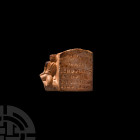 Dick Whittington Clay Pipe Bowl. 19th century A.D. A novelty clay pipe bowl with a roughly cuboid-shaped body, the two top edges curved in imitation o...