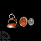 Georgian Mars Gemstone in Fob Seal. 19th century A.D. A carnelian intaglio bearing the figure of the god Mars, helmetted, rendered as a muscular nude ...