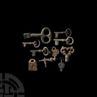 Lock and Key Collection. 17th-19th century A.D. and later. A mixed group of locks and keys comprising: four locking keys with oval bows and plain rect...