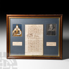 Elizabethan Period Framed French Document Display. c.1600 A.D. A signed document bearing twenty-eight inked lines of cursive script to the recto and v...