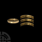 Gilt 'Honour the Giver' Posy Ring. 18th century A.D. A gilded brass D-section hoop, interior inscribed 'Honour the giver' in script. 2.71 grams, 22.97...