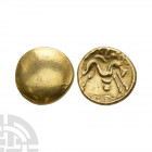 Gallo-Belgic - Gallic War Ambiani - Uniface Gold Stater. 1st century B.C. Obv: blank. Rev: horse right with 'eye' symbol before, symbol above and pell...
