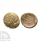 Early Uninscribed - Belgae - Chute Gold Stater. 1st century B.C. Obv: wreath, cloak and crescents. Rev: horse left with crab below and pellets above; ...