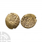 Early Uninscribed - Belgae - Chute Gold Stater. 1st century B.C. Obv: wreath, cloak and crescents. Rev: horse left with crab below and pellets above. ...