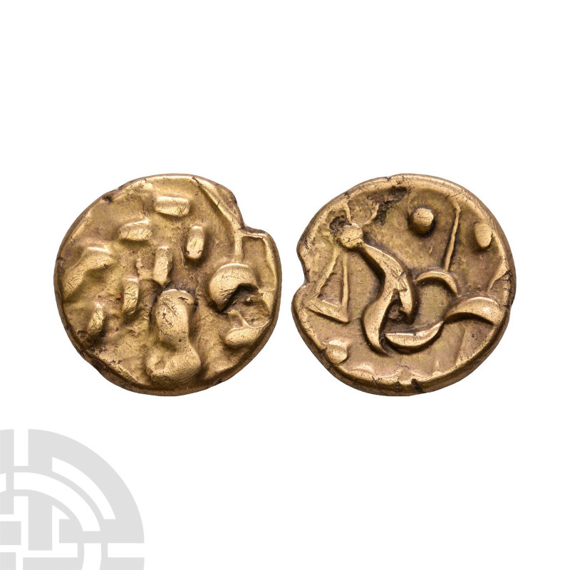 Corieltauvi - South Ferriby Gold Stater. 1st century B.C. Obv: crude laureate he...
