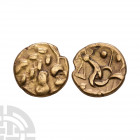 Corieltauvi - South Ferriby Gold Stater. 1st century B.C. Obv: crude laureate head right. Rev: disjointed horse left. S. 390; BMC 3146-3179; ABC 1743....