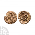 Corieltauvi - South Ferriby Gold Stater. 1st century B.C. Obv: crude laureate head right. Rev: disjointed horse left with sun above and symbol below. ...