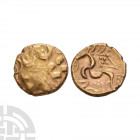 Corieltauvi - Kite Gold Stater. 1st century B.C. Obv: crude laureate head right. Rev: disjointed horse left with diamond kite and pellets symbol above...