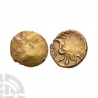 Corieltauvi - Kite Gold Stater. 1st century B.C. Obv: crude laureate head right. Rev: disjointed horse left with diamond kite and pellets symbol above...