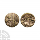 Atrebates and Regni - 'Bognor Cogwheel' Gold Quarter Stater. 1st century B.C. Obv: wreath with hidden face. Rev: horse right with mane; floral sun abo...