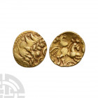 Southern Region - 'Essex Wheels' - Gold Quarter Stater. 1st century B.C. Obv: wreath, cloak and crescents with wheel at top. Rev: horse right with whe...