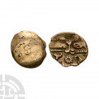 Cantii - S-Type Trophy - Gold Quarter Stater. 1st century B.C. Obv: S-figure at centre. Rev: tree-like trophy of ringed pellets with motifs around. S....