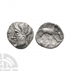 Catuvellauni - 'Whaddon Bird' AR Unit. 1st century B.C. Obv: profile bust left. Rev: horse right with bird above and pelletted sun below. S. 50; BMC 3...