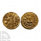 Merovingian - Quentovic / Dutta - Gold Tremissis. 585-675 A.D. Obv: profile diademed and draped bust right with +VVICCO FIT legend. Rev: cross on two ...