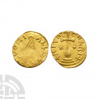 Merovingian - Coriallum / Rignicharius - Gold Tremissis. 580-670 A.D. Coriallum (Cherbourg) mint. Obv: diademed profile bust right with CORIALLO+ lege...