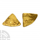 Merovingian - Gold Cut Quarter Tremissis. 7th-9th century A.D. Imitating a late Roman type. Obv: profile bust with partial AVG legend. Rev: Victory(?)...