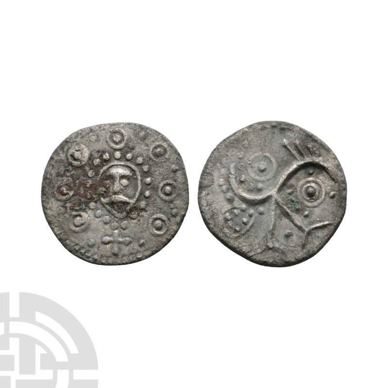 Secondary Phase - Series H, Type 49 - 'Wodan' Head AR Sceatta. 710-760 A.D. Obv:...