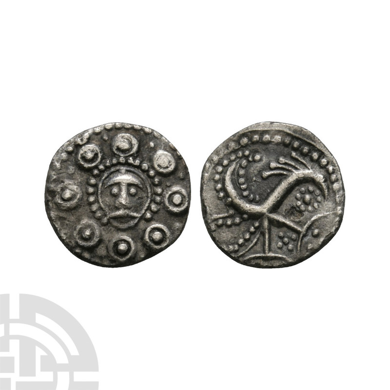 Secondary Phase - Series H, Type 49 - 'Wodan' Head AR Sceatta. 710-760 A.D. Obv:...