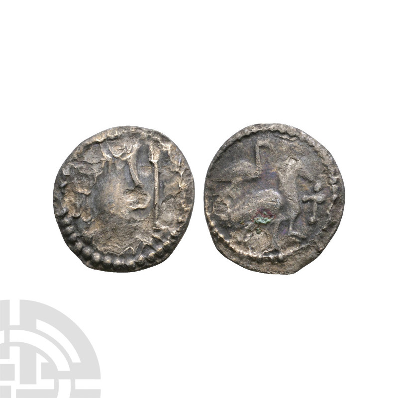 Secondary Phase - Series J, Type 36 - Two Birds AR Sceatta. 710-760 A.D. Obv: di...