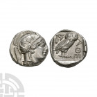 Attica - Athens - Owl AR Tetradrachm. 454-404 B.C. Obv: helmeted head of Athena right. Rev: AQE with owl standing right, head facing; olive sprig and ...