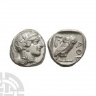 Attica - Athens - Owl AR Tetradrachm. After 449 B.C. Obv: head of Athena to right, wearing crested Attic helmet decorated with three olive leaves and ...