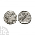 Attica - Athens - Owl AR Tetradrachm. After 449 B.C. Obv: head of Athena to right, wearing crested Attic helmet decorated with three olive leaves and ...