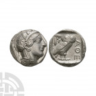 Attica - Athens - Owl AR Tetradrachm. c.454-404 B.C. Obv: head of Athena to right, wearing crested Attic helmet decorated with three olive leaves and ...