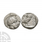 Attica - Athens - Owl AR Tetradrachm. After 449 B.C. Obv: head of Athena to right, wearing crested Attic helmet decorated with three olive leaves and ...