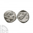 Attica - Athens - Owl AR Tetradrachm. After 449 B.C. Obv: head of Athena to right, wearing crested Attic helmet decorated with three olive leaves and ...