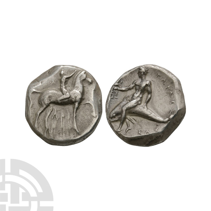 Calabria - Tarentum - Taras AR Nomos. 302-280 B.C. Obv: naked horseman right, cr...