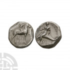 Calabria - Tarentum - Taras AR Nomos. 302-280 B.C. Obv: naked horseman right, crowning horse; SA in left field, magistrate's name ARE-QWN in two lines...