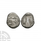 Caria - Kaunos - AR Stater. 430-410 B.C. Obv: winged Iris in kneeling-running stance left, looking right, holding caduceus and wreath. Rev: conical ba...