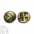 Ionia - Phokaia - Nymph Electrum Hekte. 387-326 B.C. Obv: head of nymph left, hair tight on head and bound in a taenia. Rev: quadripartite incuse squa...