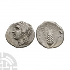 Lucania - Metapontum - Corn Ear AR Stater. 290-280 B.C. Obv: head of Demeter left, wreathed with corn. Rev: META left of ear of barley, rooster standi...
