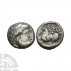 Danubian Celts - Imitative AR Philip II Stater. 2nd-1st century B.C. Obv: laureate and bearded bust right. Rev: horseman left. Cf. DLT 9782. 13.36 gra...