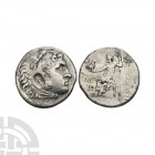 Macedonia - Alexander III (the Great) - Countermarked AR Tetradrachm. 194-193 B.C. Posthumous issue. Aspendos, Pamphylia mint, dated year 19. Obv: hea...