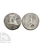 Macedonia - Alexander III (the Great) - Countermarked AR Tetradrachm. 194-193 B.C. Posthumous issue. Aspendos, Pamphylia mint, dated year 19. Obv: hea...