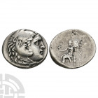 Macedonia - Alexander III (the Great) - Countermarked AR Tetradrachm. 210-209 B.C. Posthumous issue, Perga, Pamphylia mint, dated year 12. Obv: head o...