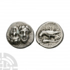 Moesia - Istros - Eagle and Dolphin AR Stater. 313-280 B.C. Obv: two male heads facing, one inverted. Rev: eagle standing left on dolphin with I?TPIH ...