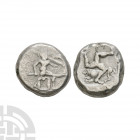 Pamphylia - Aspendos - Triskele AR Stater. 465-430 B.C. Obv: helmetted, naked hoplite or hektor striding right, holding spear, shield on left arm; an ...